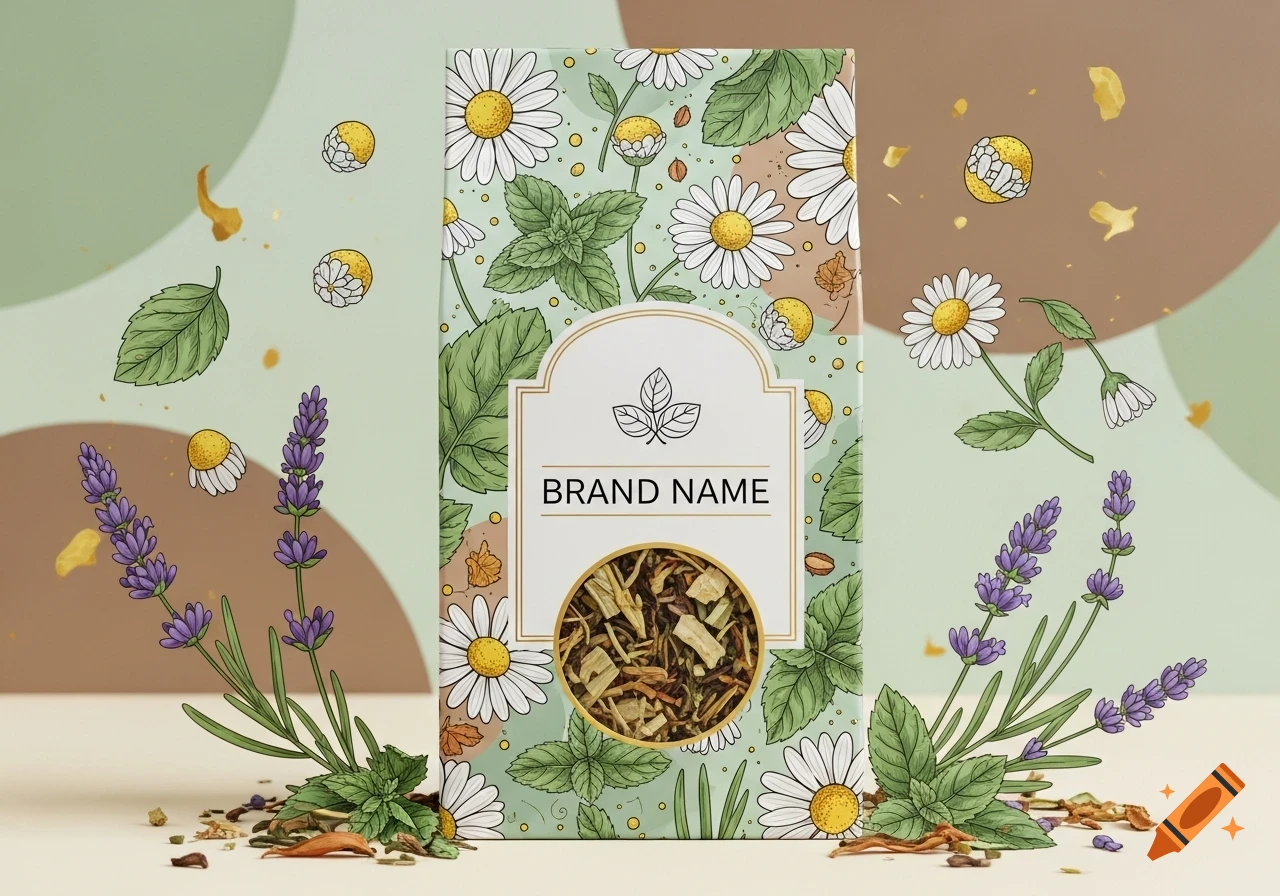 Illustrated herbal tea packaging with chamomile and lavender flowers, mint leaves, and a circular window showing tea contents.