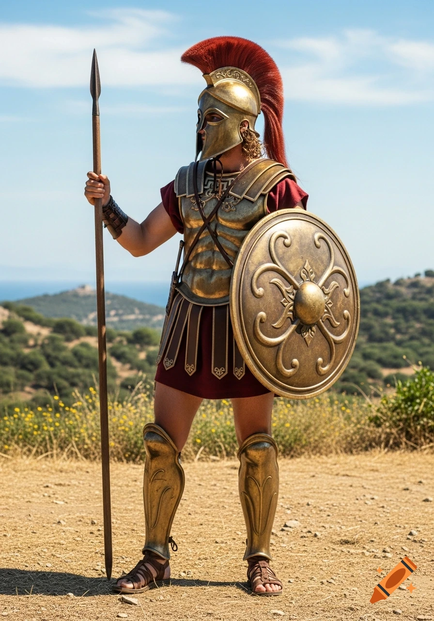 Photorealistic Greek hoplite in bronze armor, holding a spear and shield, standing in a Mediterranean landscape under a blue sky.