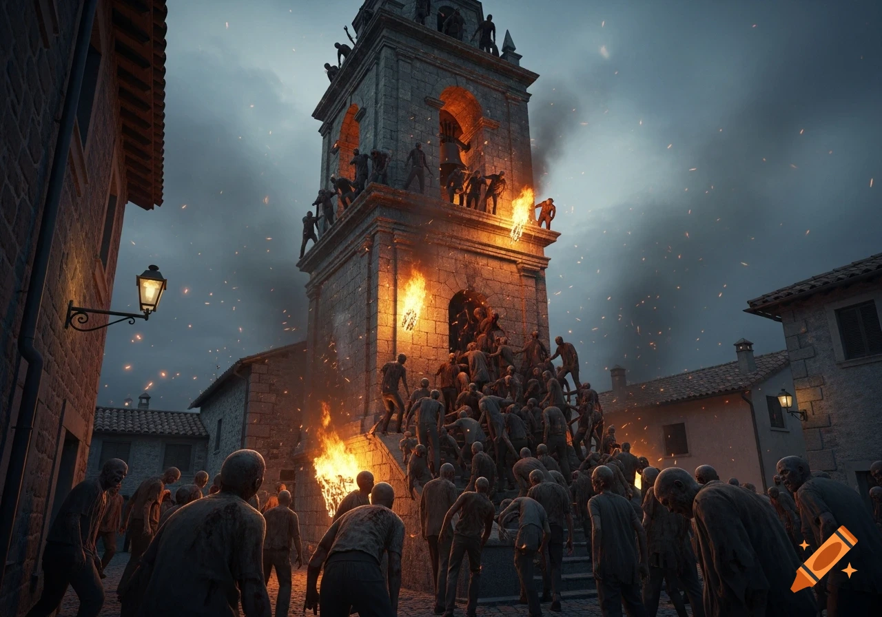 Hundreds of zombies swarm a burning stone bell tower in a dark town street, against a stormy sky.