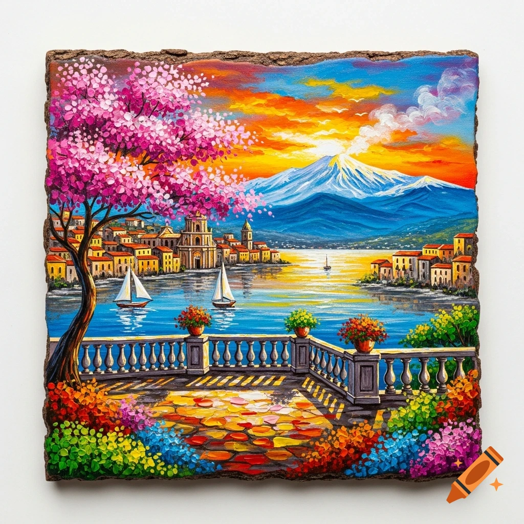 A vibrant impasto painting on wood bark depicts a baroque terrace overlooking a colorful coastal town with a pink tree, sailboats, and a smoking volcano at sunset.