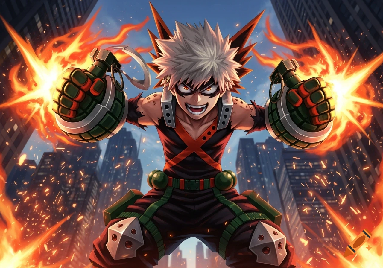 Bakugo from My Hero Academia in an action pose, arms outstretched with grenade-like gauntlets exploding, against a city backdrop.