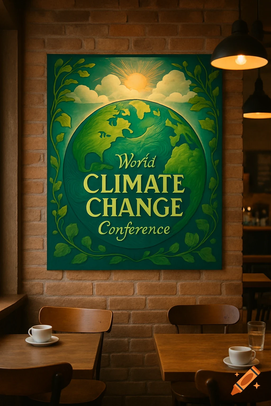 A vibrant green poster for the 'World Climate Change Conference' hangs on a brick wall in a cafe, with wooden tables and coffee cups.