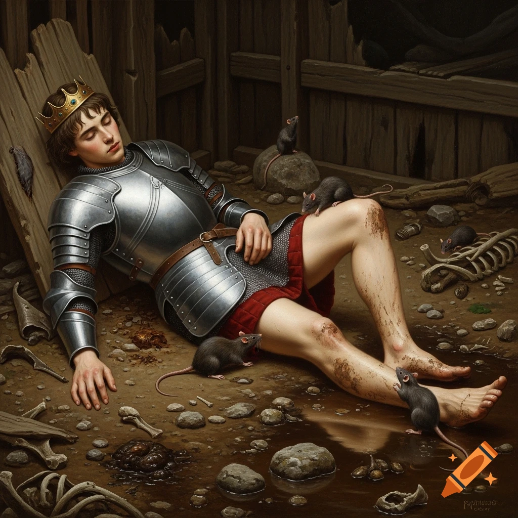 Oil painting of a young medieval king in silver armor and crown lying unconscious in a squalid wooden shack, surrounded by rats, mud, and bones.