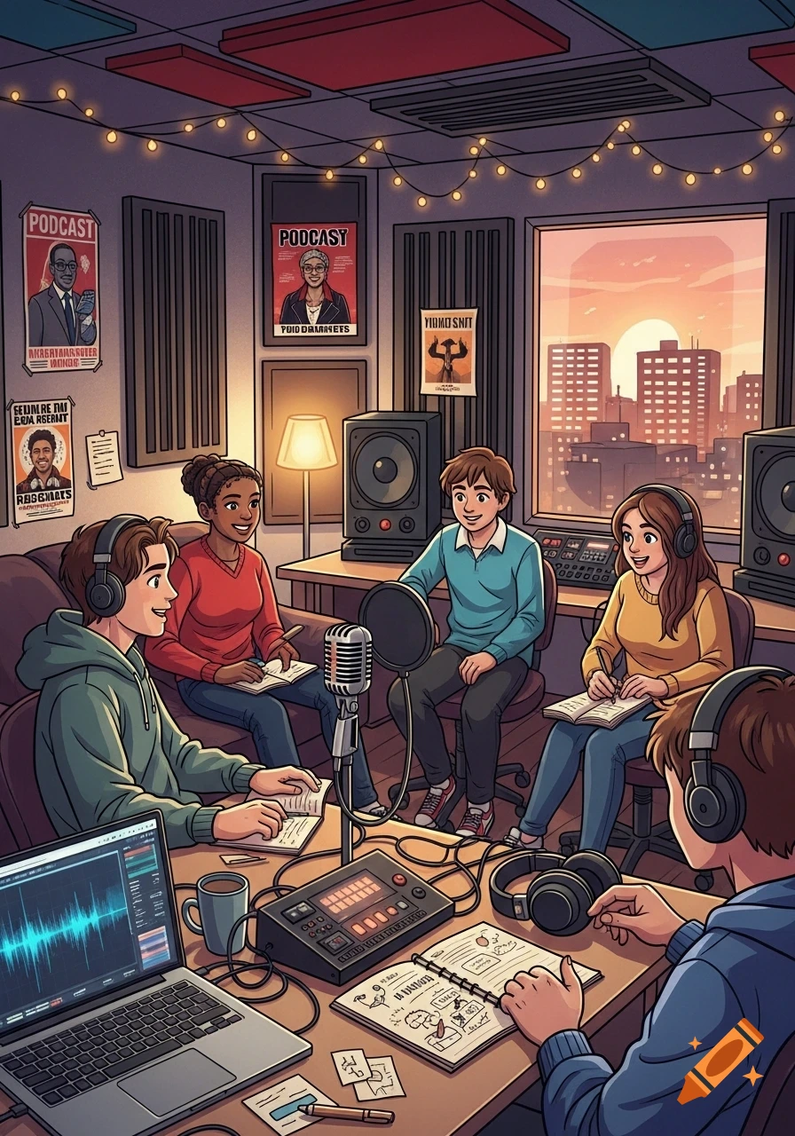A group of five young adults recording a podcast in a vibrant, cartoon-style studio with a city skyline view at sunset.