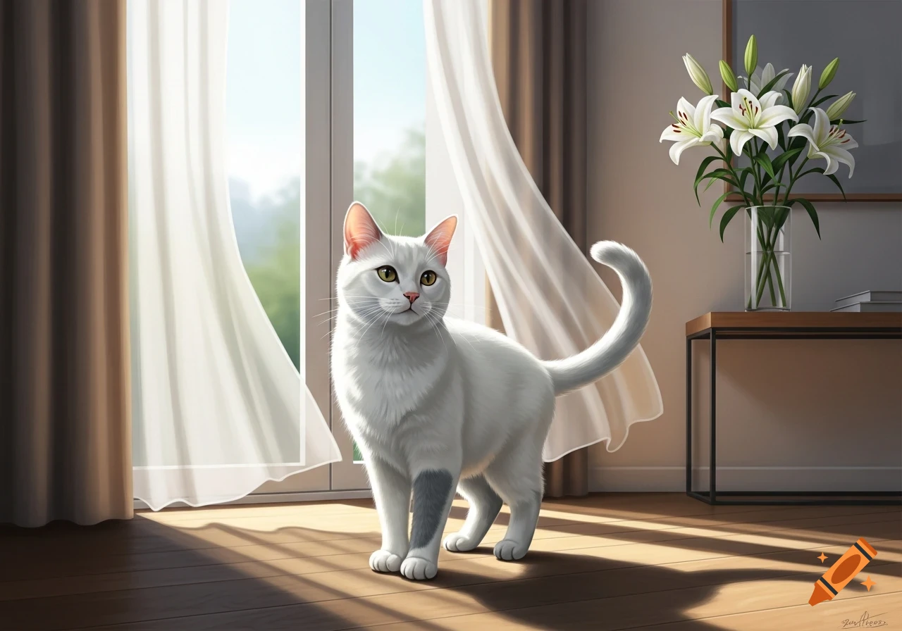 A white cat with a grey patch on its front leg stands on a wooden floor in a sunlit room by a window with white curtains, a vase of lilies on a nearby table.