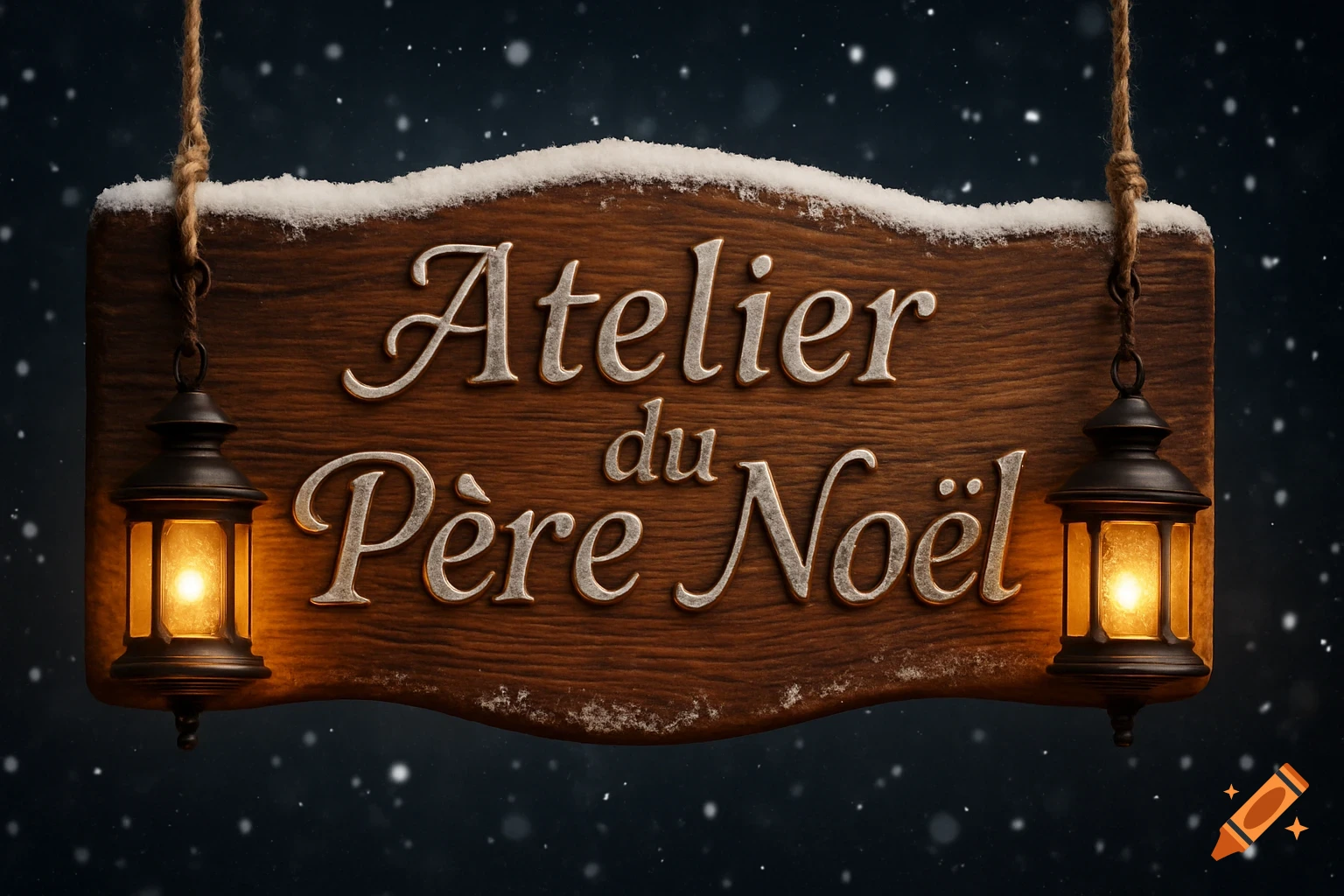 Wooden sign with 'Atelier du Père Noël' in silver letters, topped with snow, hanging by ropes, flanked by glowing lanterns against a snowy night sky.