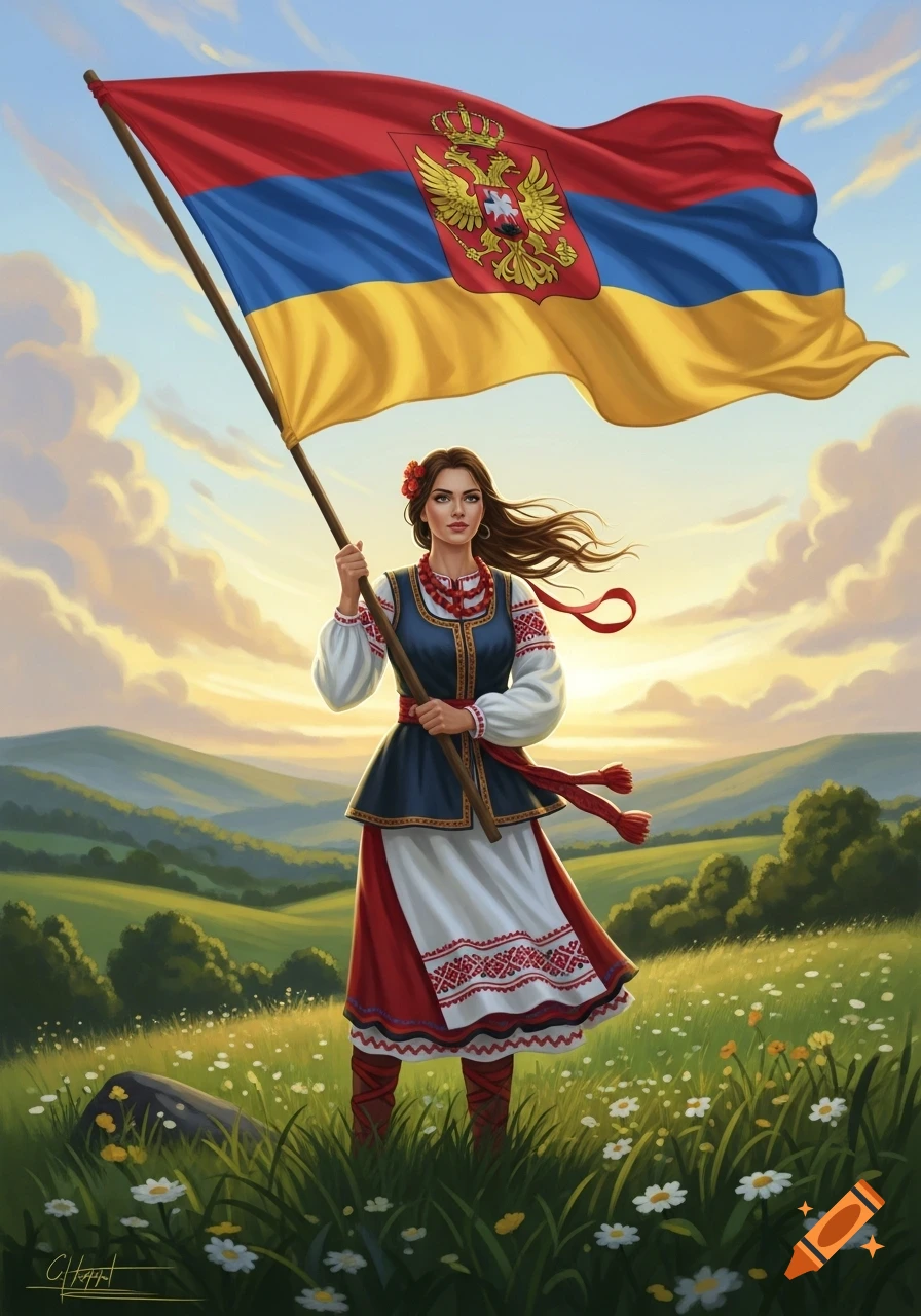 A woman in traditional Slavic attire holds a large flag with a crest, standing in a field of wildflowers at sunset with rolling hills in the background. Digital painting.