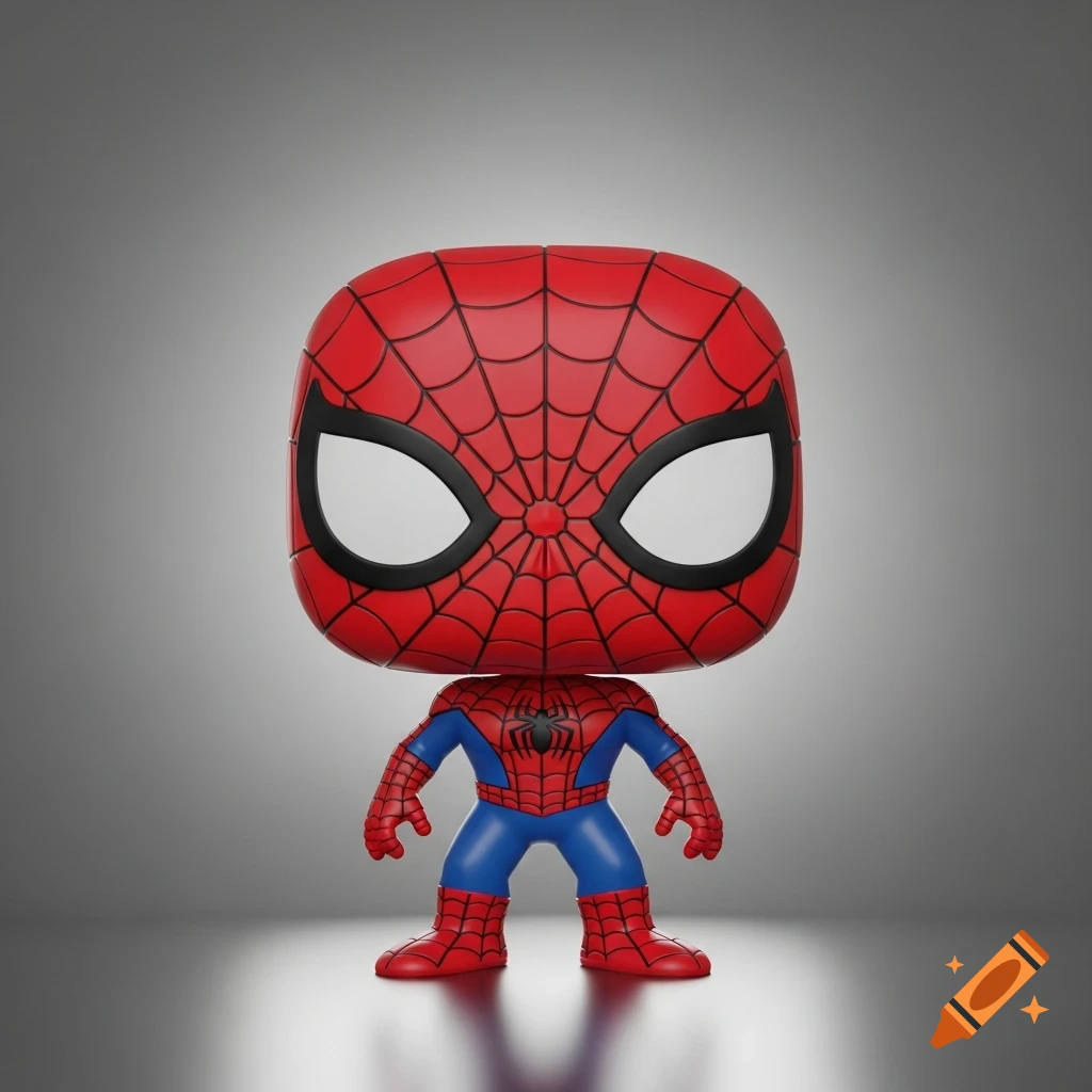 A 3D render of a Spider-Man Funko Pop figure in a classic standing pose on a reflective surface.
