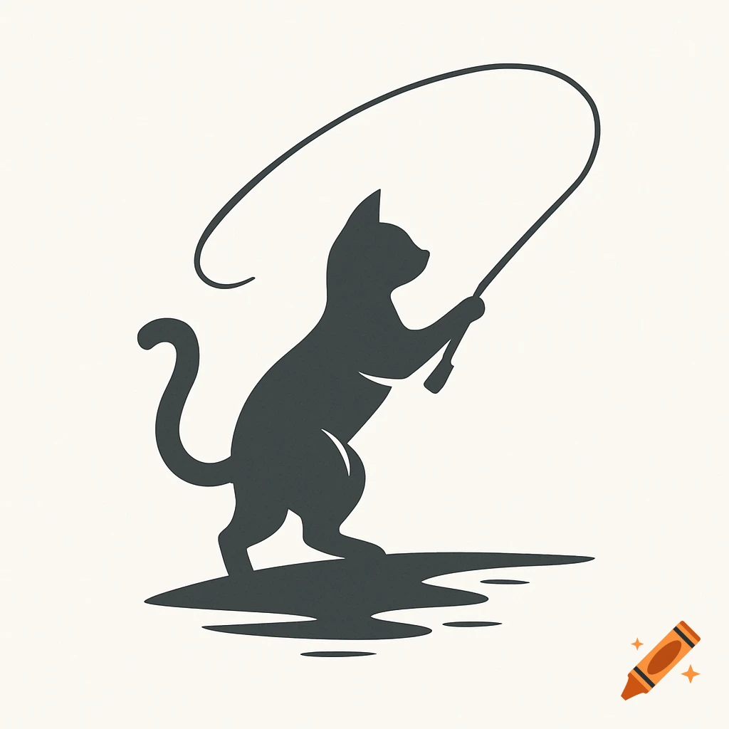 A simple dark gray silhouette logo of a cat standing on two legs, holding a curved fishing rod over its head, with a wavy shadow beneath it.
