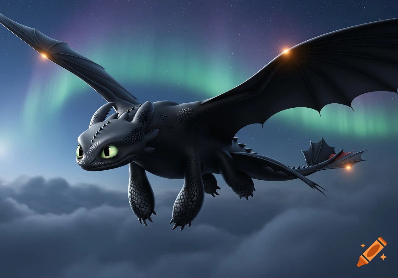 A stylized black dragon with large wings and green eyes flies through a night sky with green aurora and clouds.
