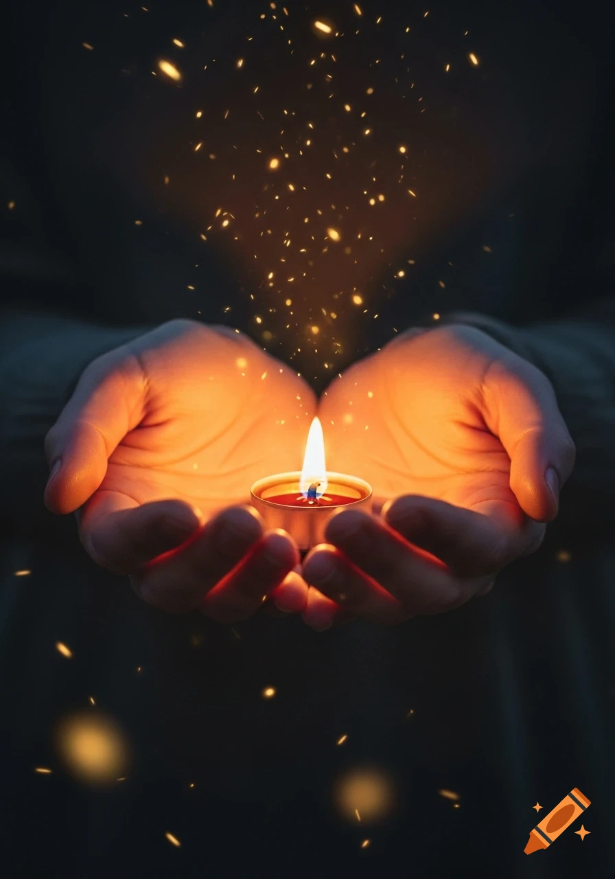 Cupped hands hold a glowing tealight candle, surrounded by warm light and sparkling golden particles in a dark, blurry background.