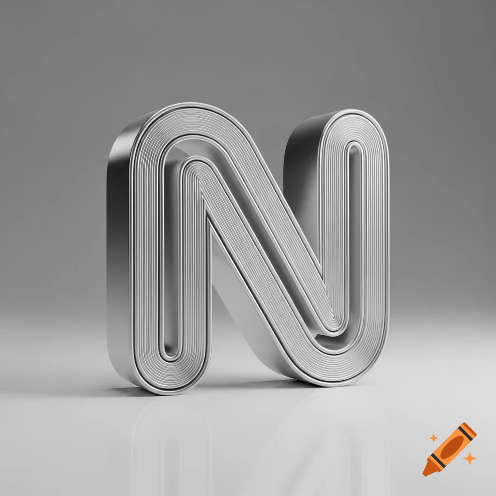 A shiny, silver 3D letter 'N' with multiple layered outlines, on a reflective surface against a gray background.