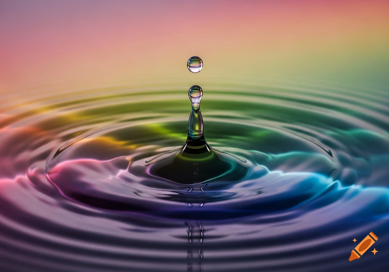 A single water droplet falling into a body of water, creating colorful ripples that reflect rainbow hues.