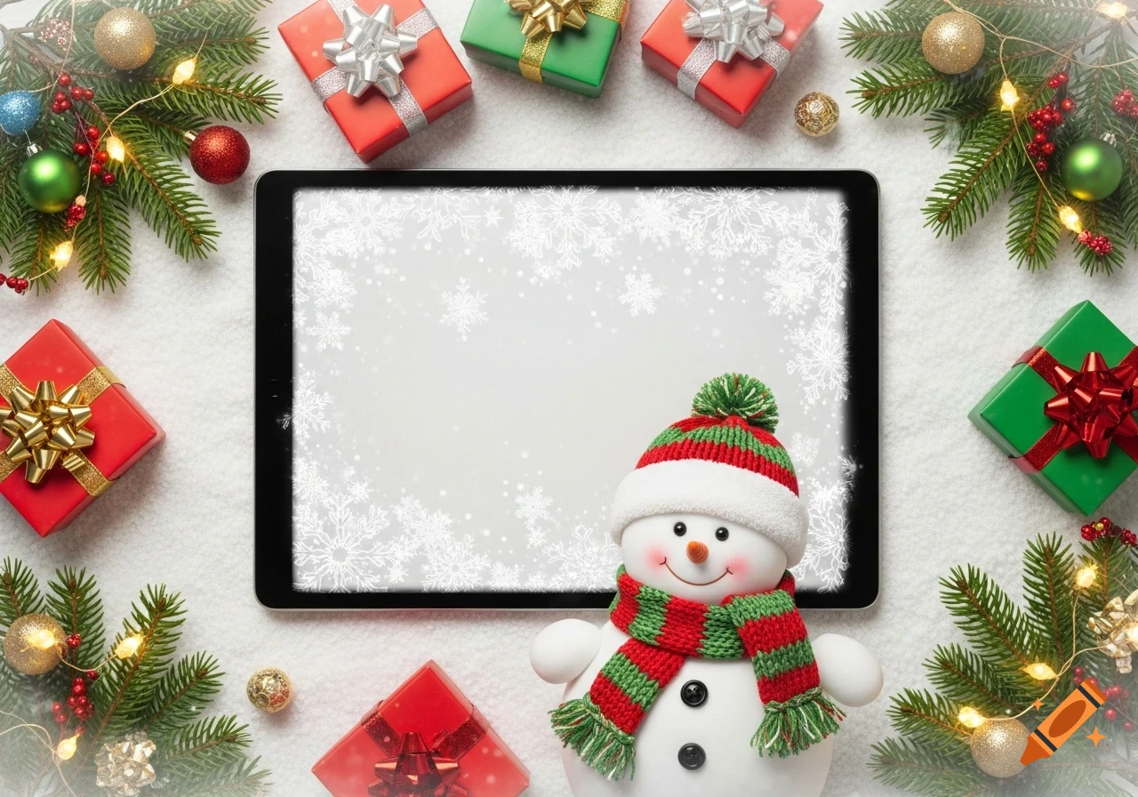 A flat lay of Christmas decorations, including a snowman, gifts, evergreen branches, and ornaments surrounding a tablet with a snowflake background.