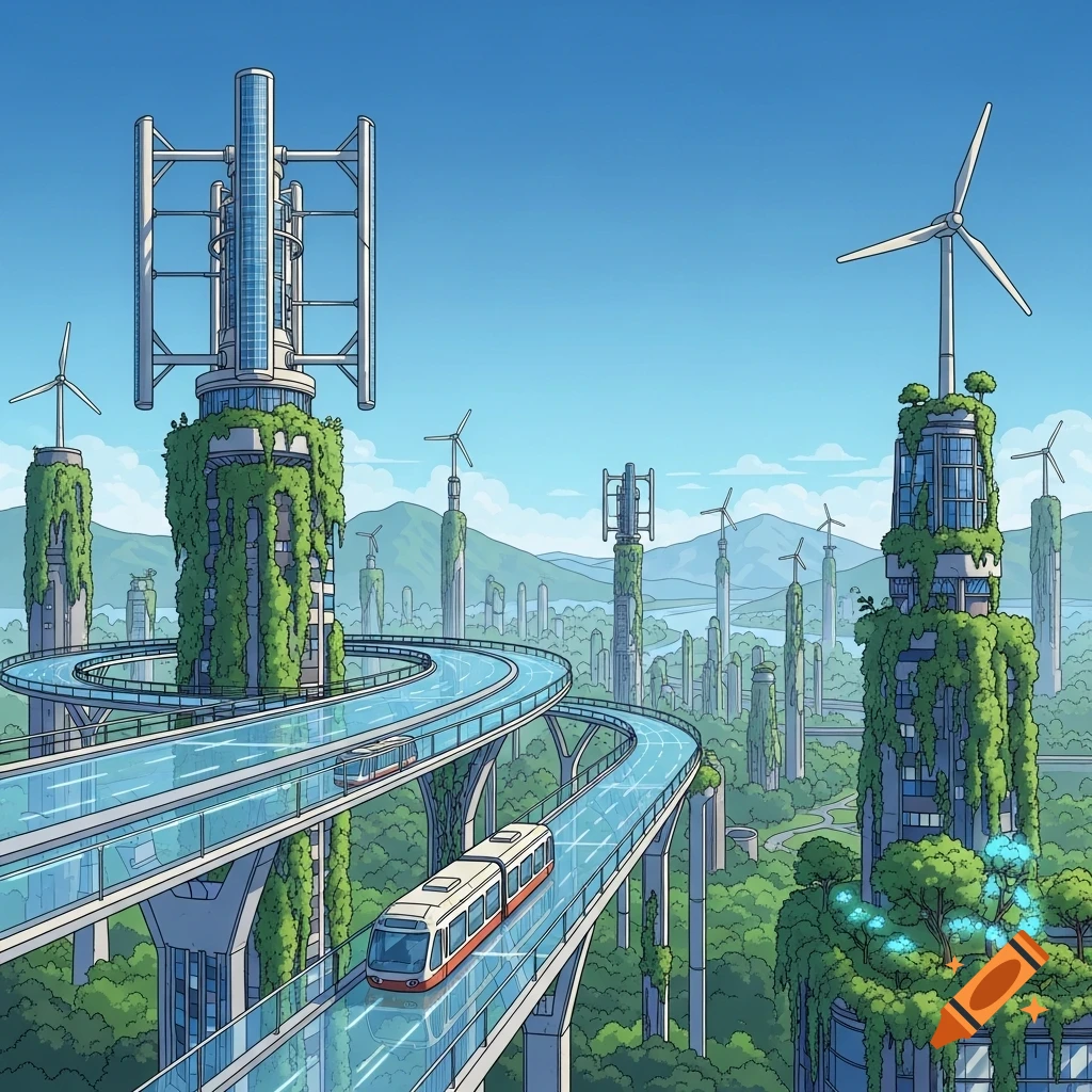 Ligne claire solarpunk city with vine-covered buildings, wind turbines, solar panels, and elevated trains.