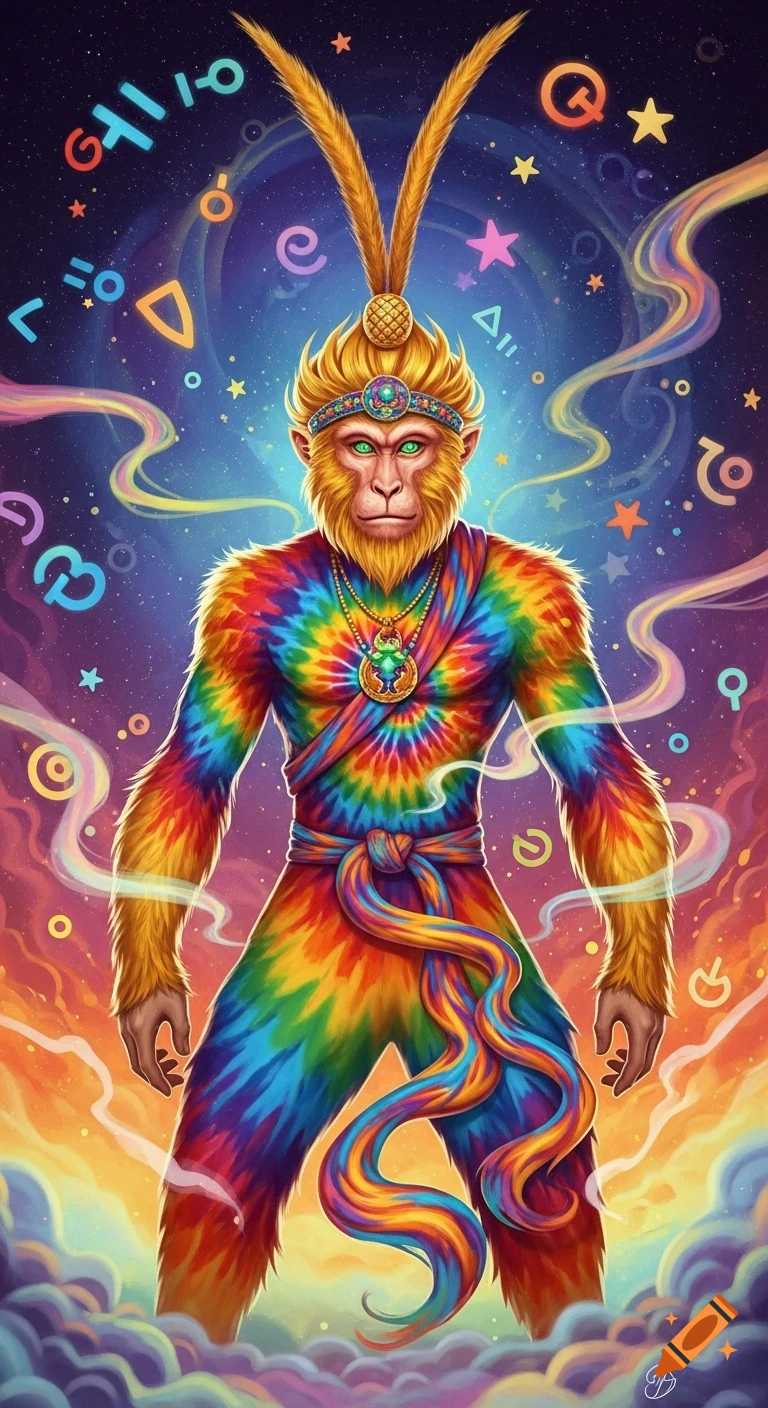 A vibrant, psychedelic illustration of Sun Wukong, the Monkey King, wearing a tie-dye outfit against a starry background with colorful symbols.