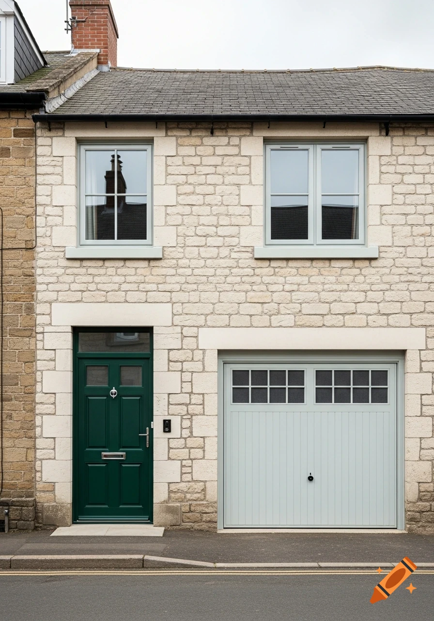 Renovated stone house facade with a dark green front door and a light gray garage door, seen from the street.