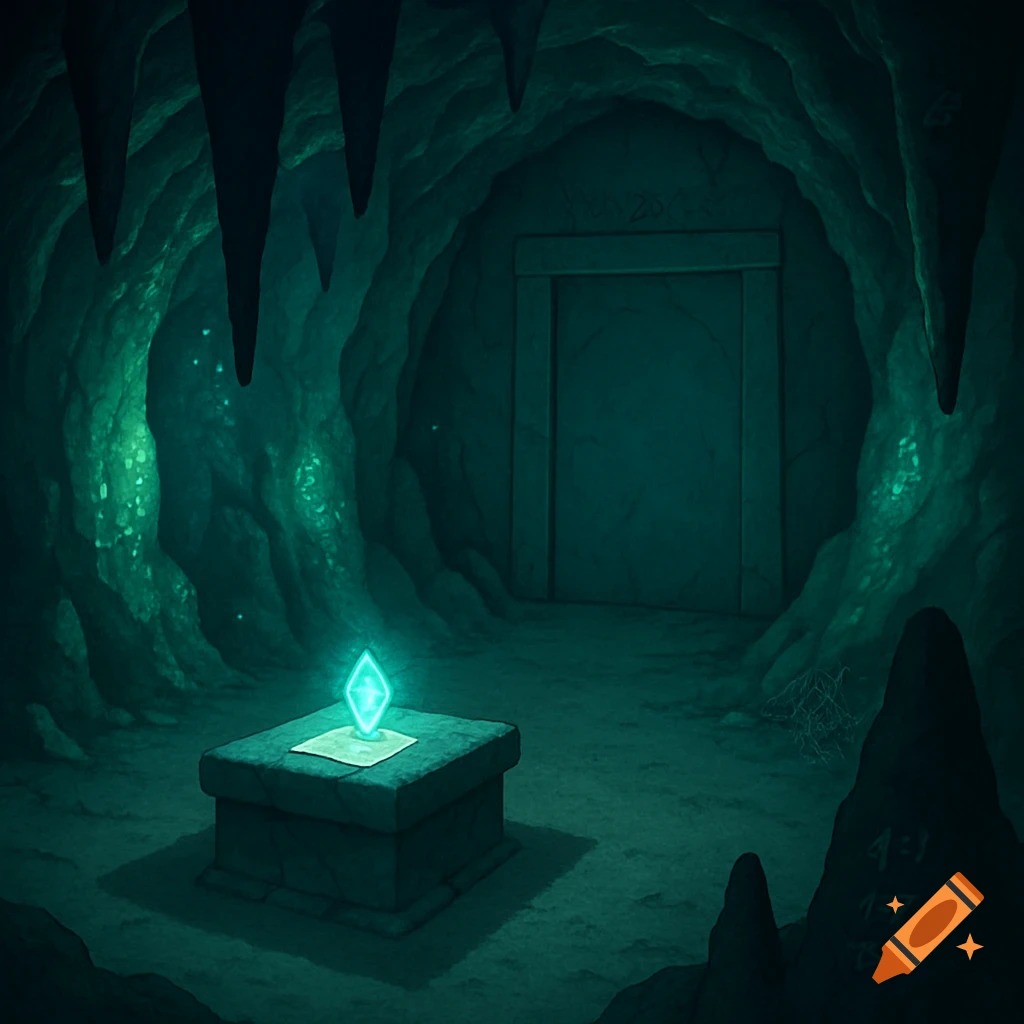 An ethereal green cave with stalactites, phosphorescent moss, and a glowing blue crystal on a stone altar. A stone door is at the back, and faint glyphs are on a stalagmite.