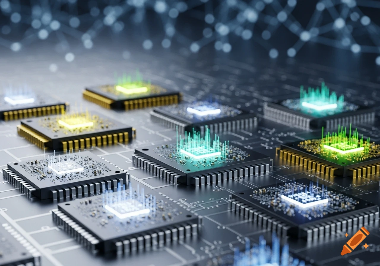 A close-up view of multiple black microchips with glowing data connections on a circuit board, in a high-tech style.