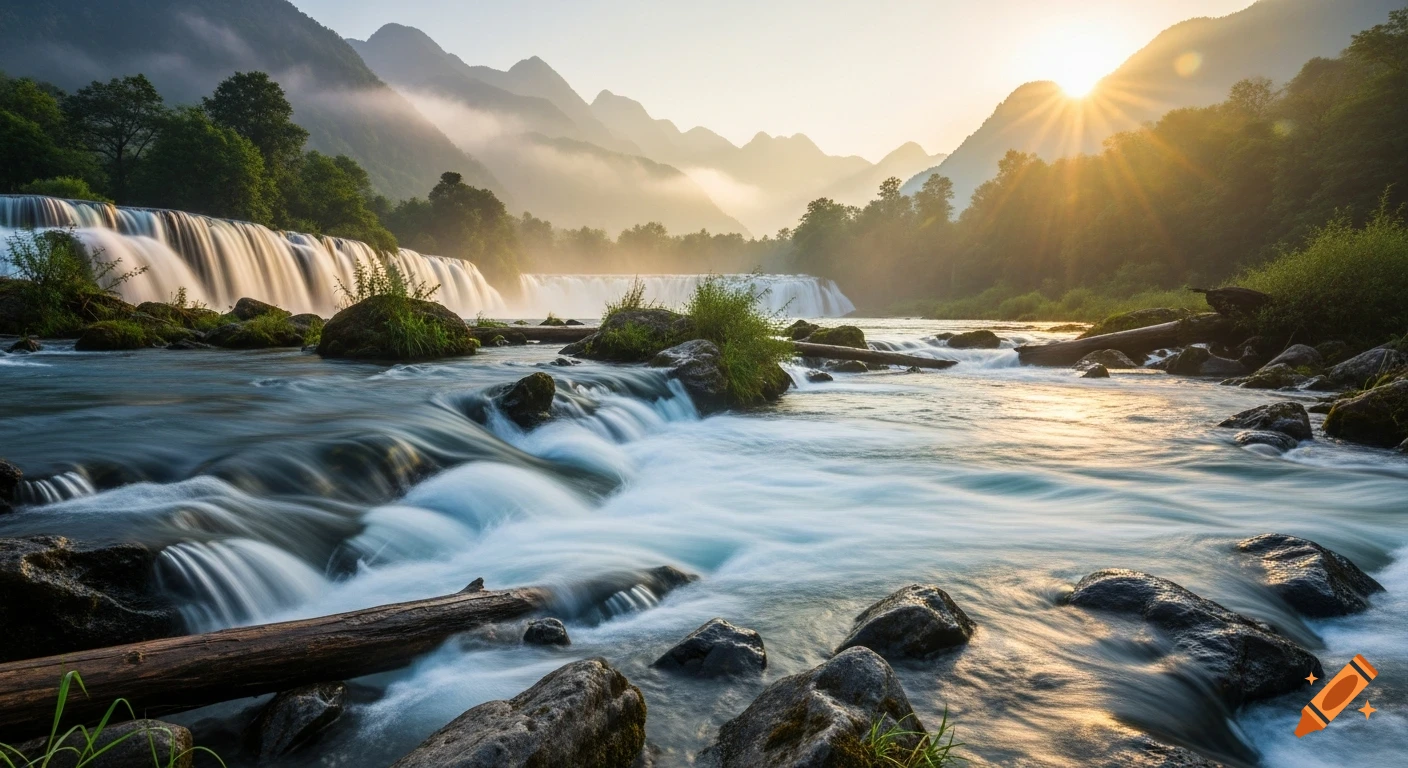 A serene, photorealistic landscape of cascading waterfalls and a river flowing over rocks at sunrise, with misty mountains in the background.