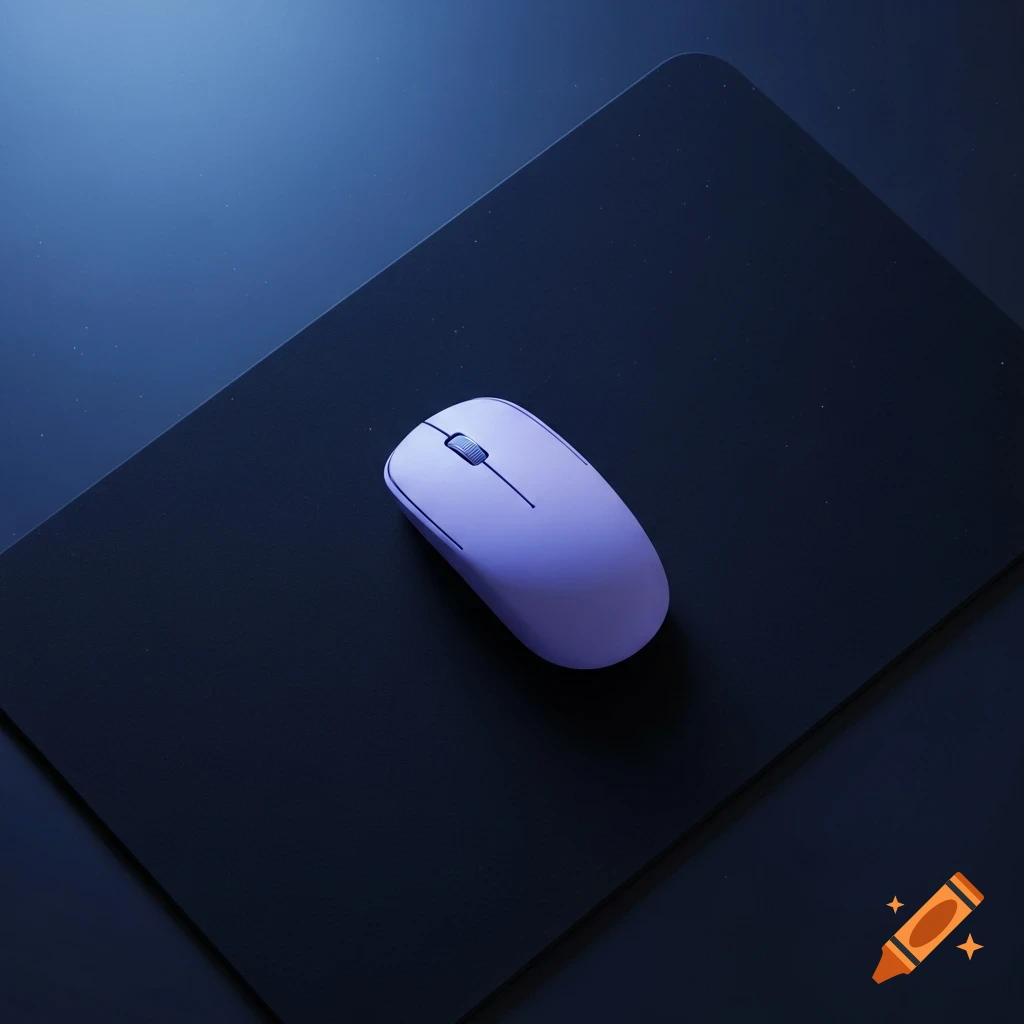 A lavender computer mouse rests on a black mousepad, viewed from directly above in a photorealistic style.