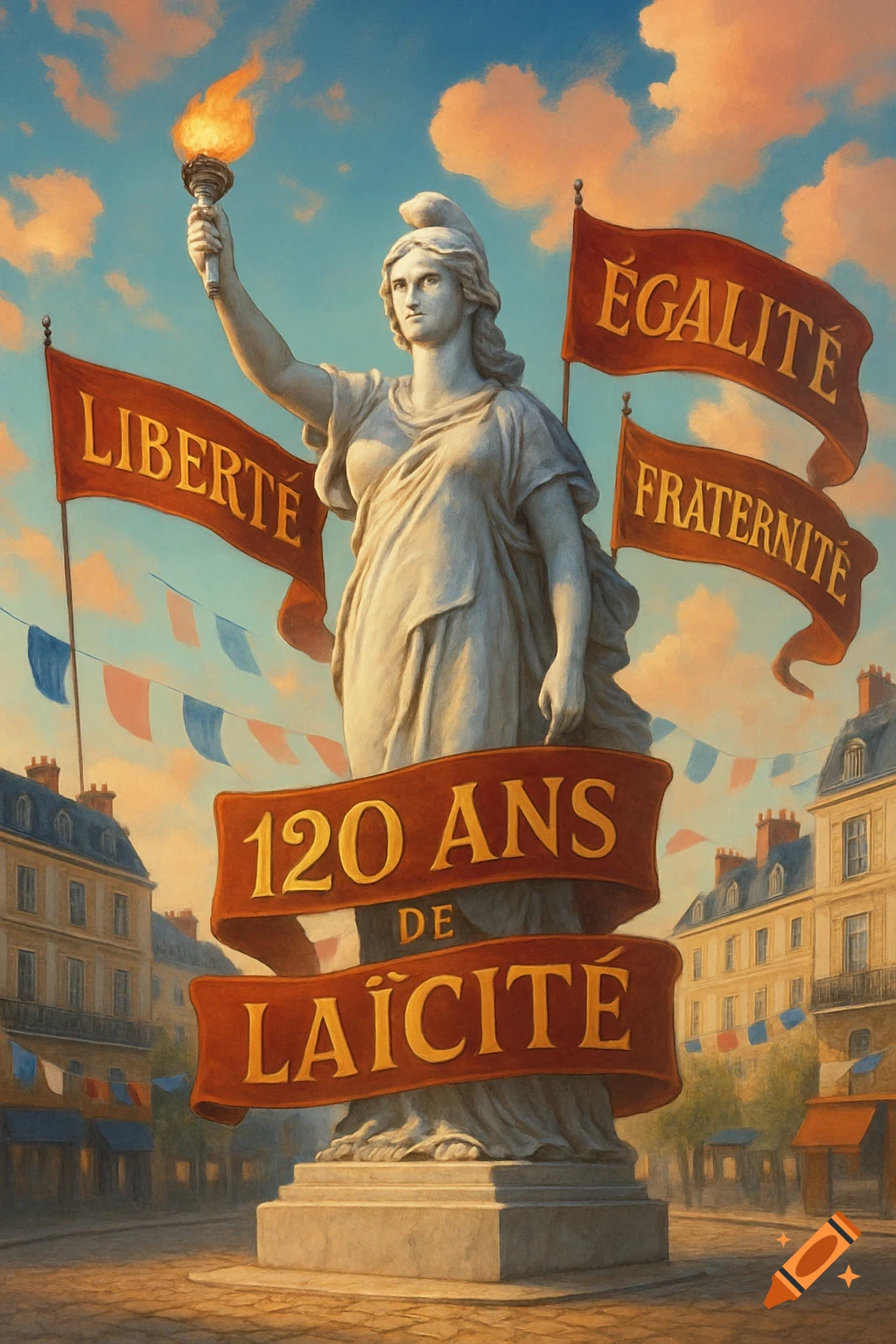 A painting of a classical statue, resembling Marianne or Liberty, holding a torch in a city square. Banners read "LIBERTÉ, ÉGALITÉ, FRATERNITÉ" and "120 ANS DE LAÏCITÉ".
