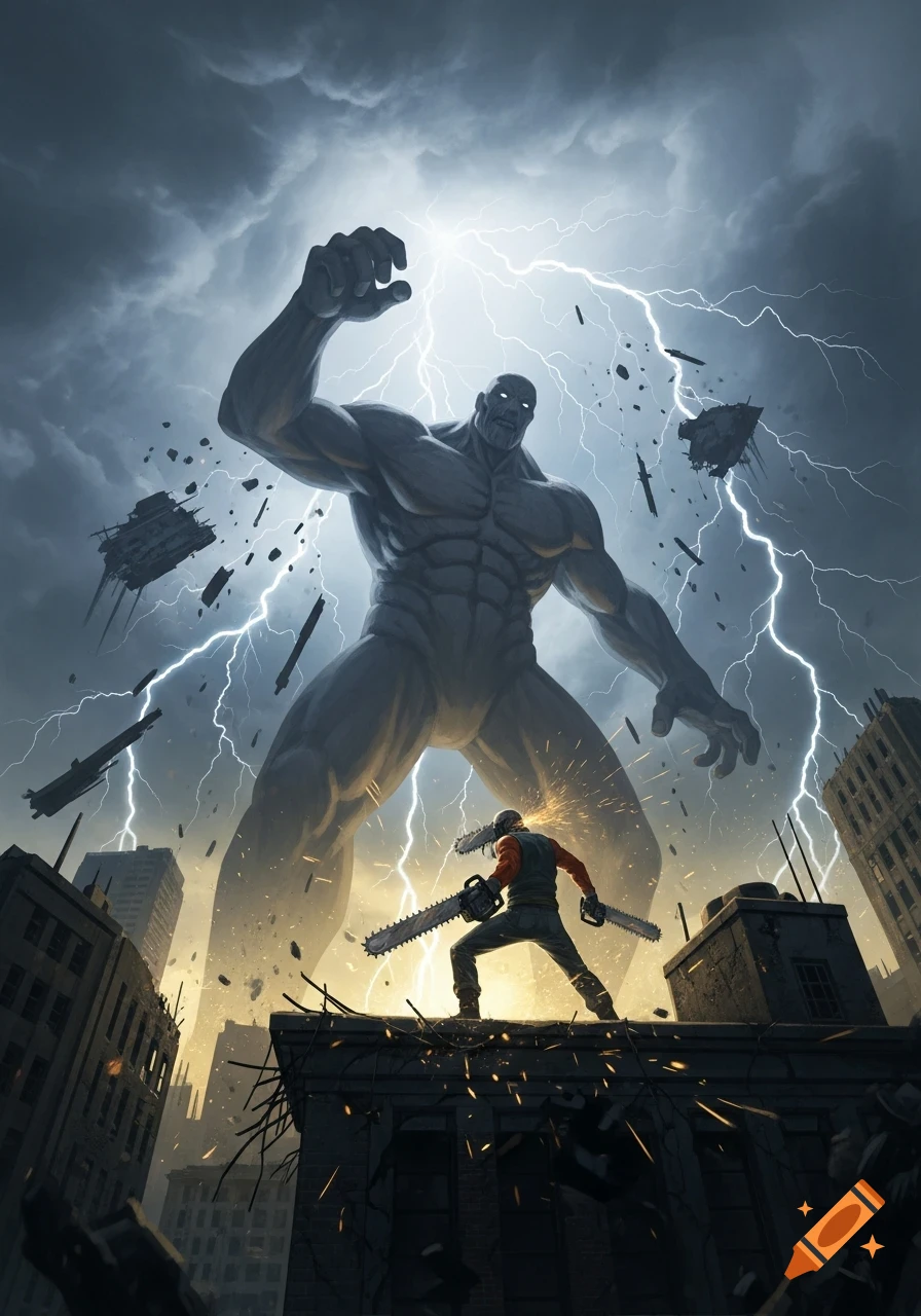 A giant grey monster looms over a man wielding two chainsaws on a building in a stormy, destroyed city with lightning striking.