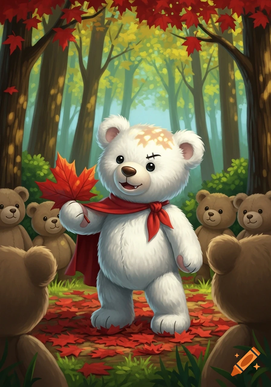 A cute white teddy bear in a red cape holds a maple leaf, surrounded by other teddy bears and red autumn leaves in a cartoon forest.