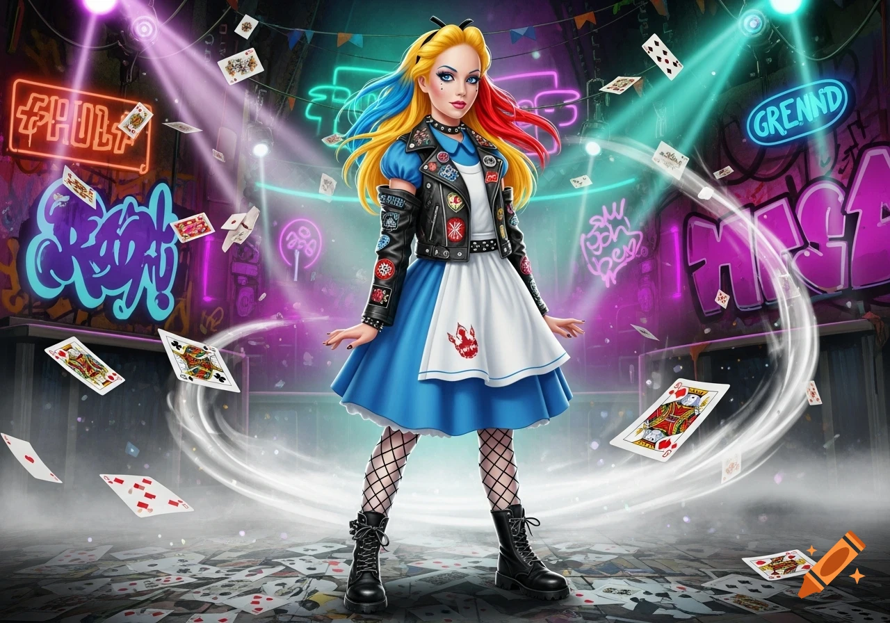 Alice in Wonderland character in a punk outfit stands amidst falling playing cards and neon graffiti, digital art.