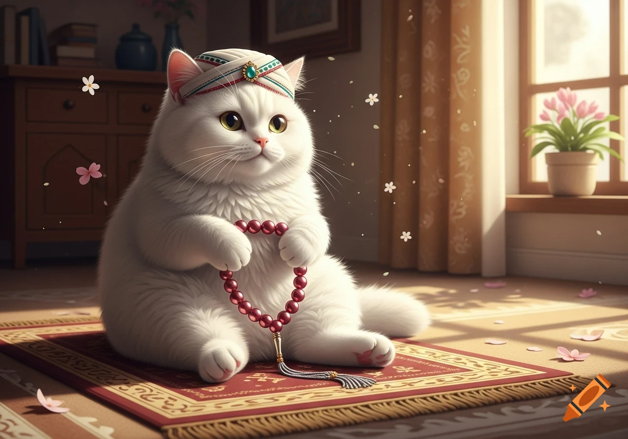 A fluffy white cat wearing a turban sits on a prayer mat, holding red prayer beads, with flower petals scattered around.