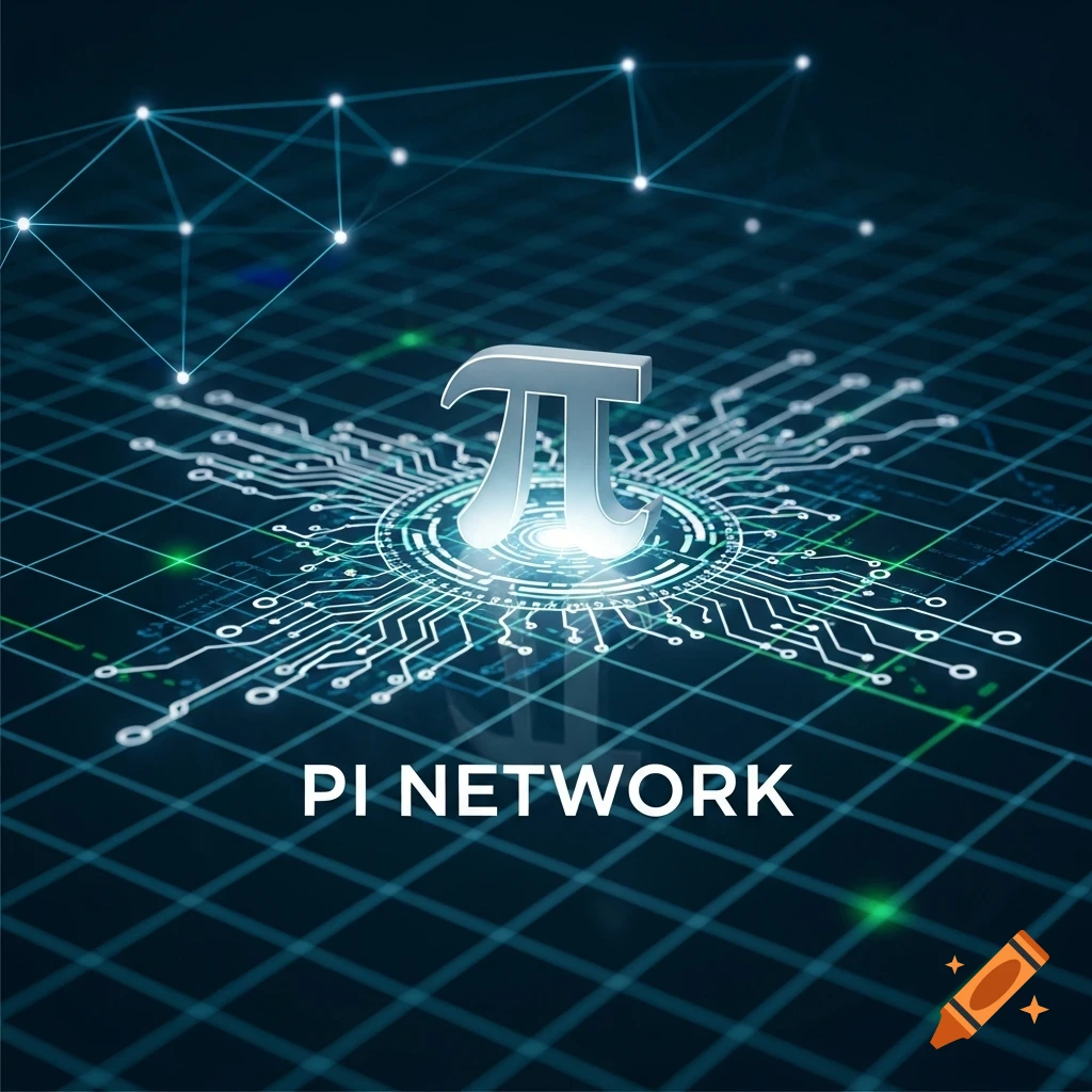 A shiny 3D Pi symbol glows on a digital circuit board with network lines over a grid, with 'PI NETWORK' text.