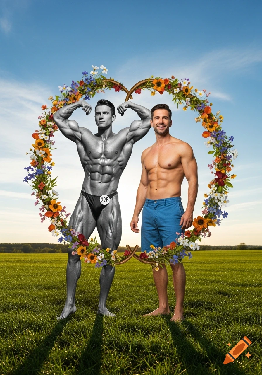 A black and white bodybuilder flexing next to a smiling man in blue shorts, both standing in a grassy field with a heart-shaped floral wreath between them.