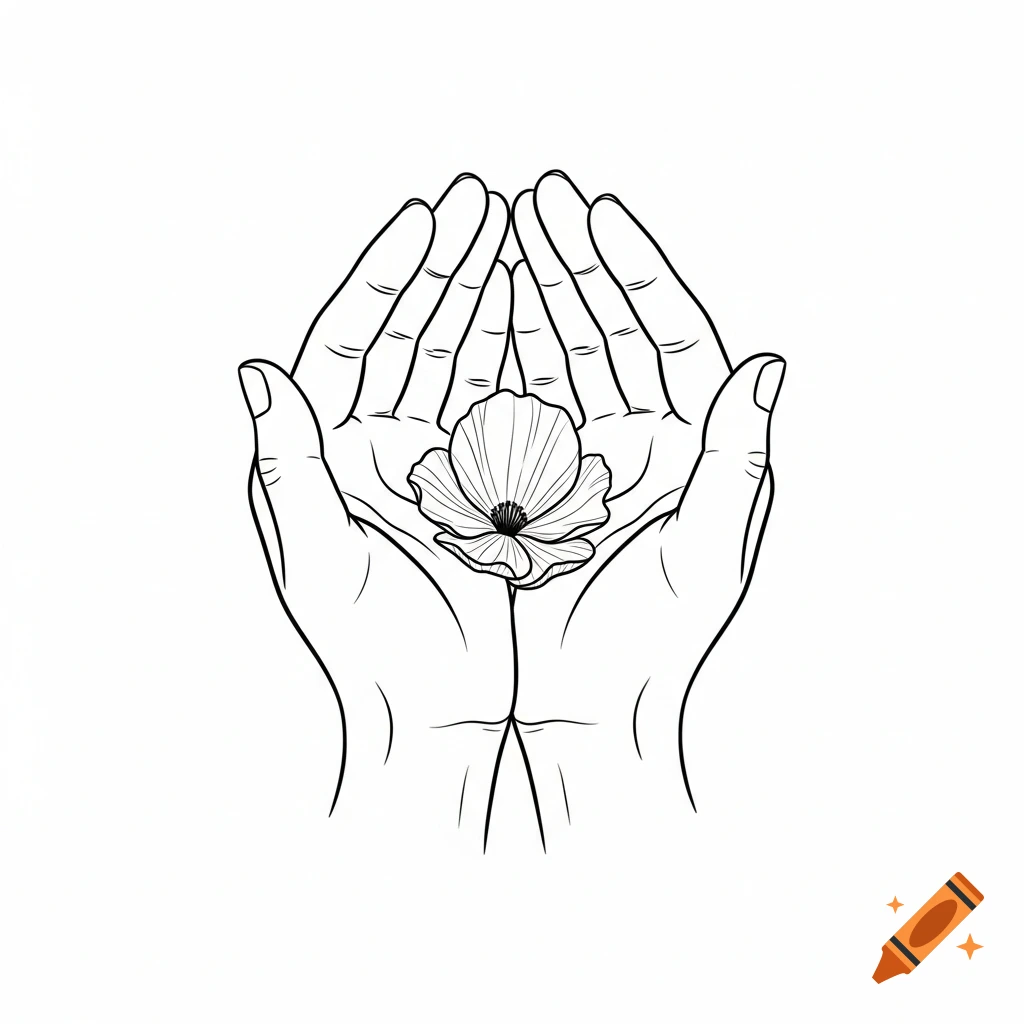 Minimalist black outline illustration of two cupped hands holding a small flower against a white background.