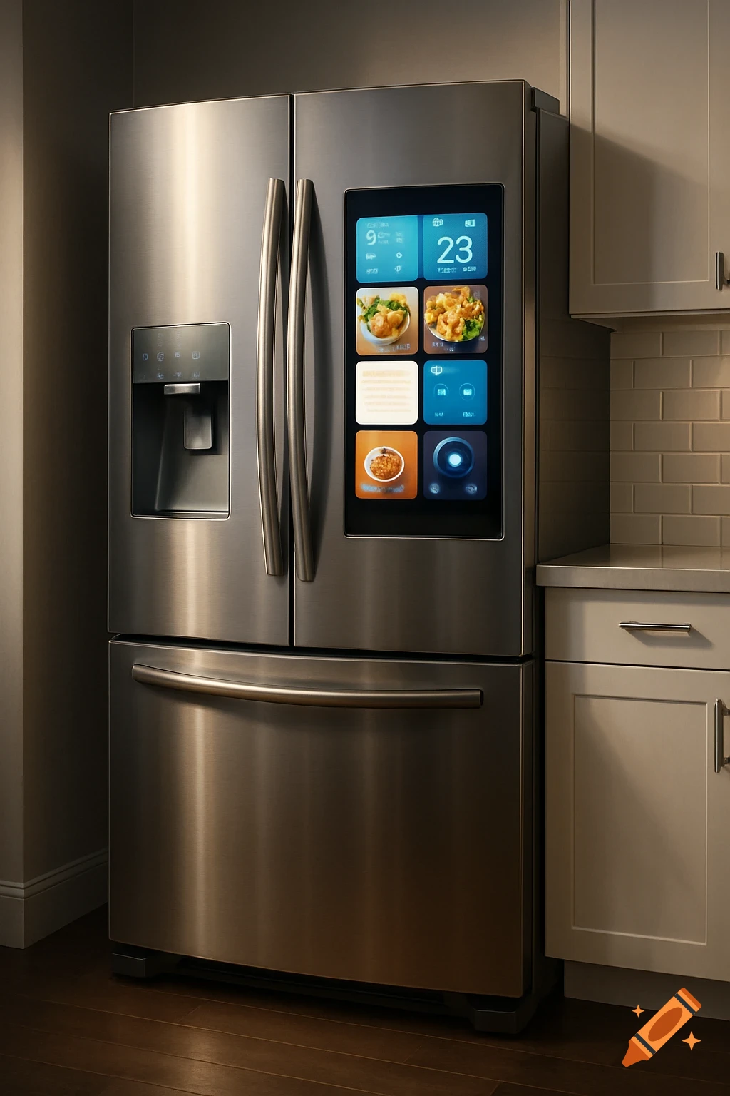 A modern stainless steel French-door smart refrigerator with a water dispenser and a large display screen showing a UI.