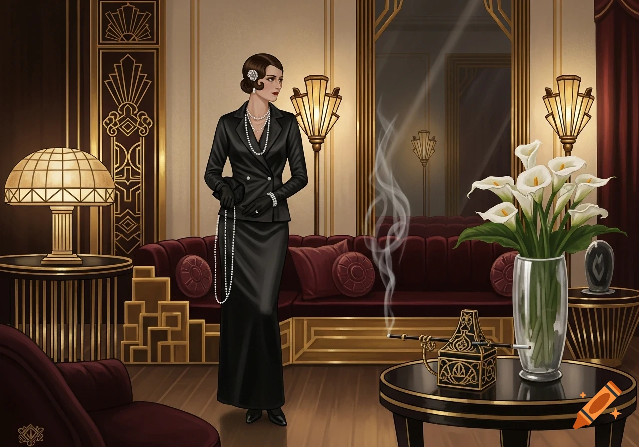 A woman in a black suit and pearls stands in a lavish Art Deco room with a red sofa, patterned lamps, and flowers.