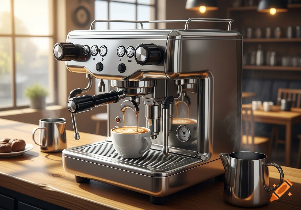 A shiny stainless steel espresso machine brews coffee into a white cup on a wooden counter in a sunlit cafe.