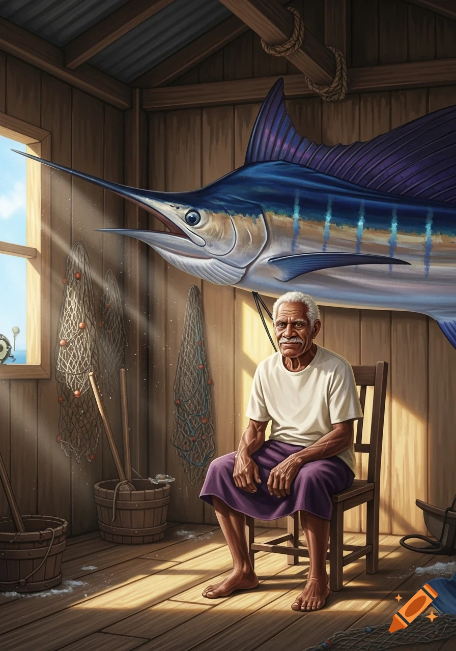 An elderly Tongan fisherman sits in a wooden shed beneath a large mounted marlin, with fishing nets.