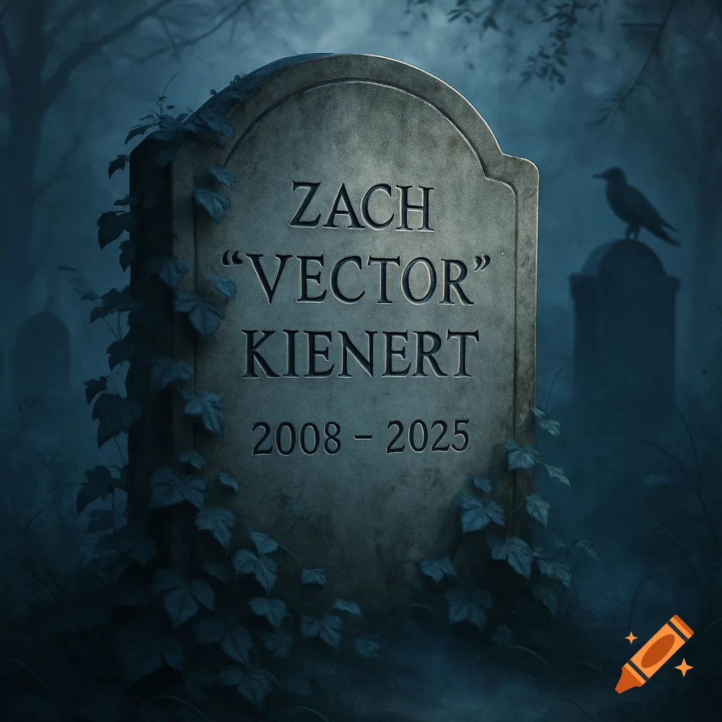 A gothic gravestone in a misty graveyard, inscribed with "Zach "Vector" Kienert 2008-2025", with ivy and a crow.