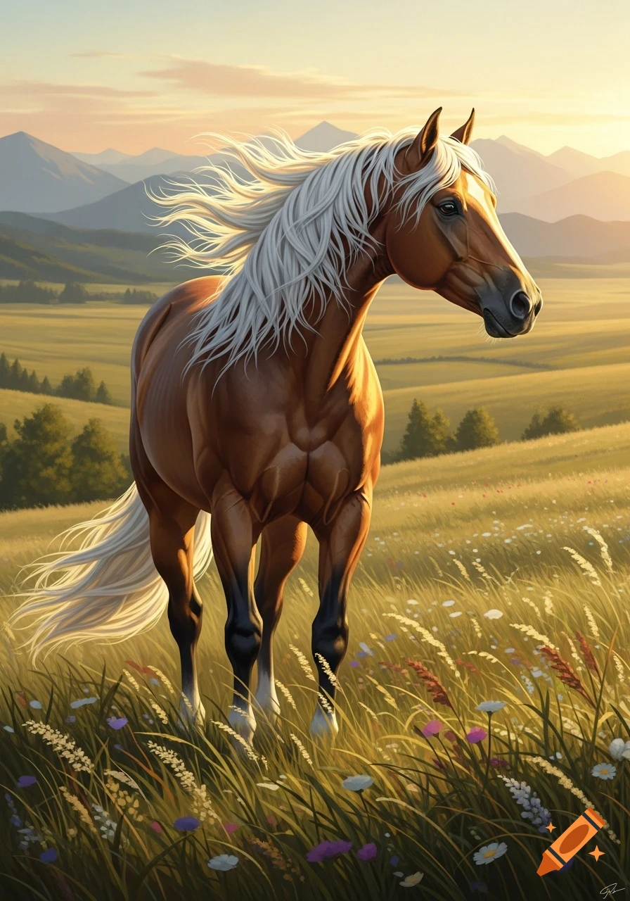 A majestic brown horse with a flowing white mane and tail stands in a field of wildflowers with mountains at sunrise, digital painting.