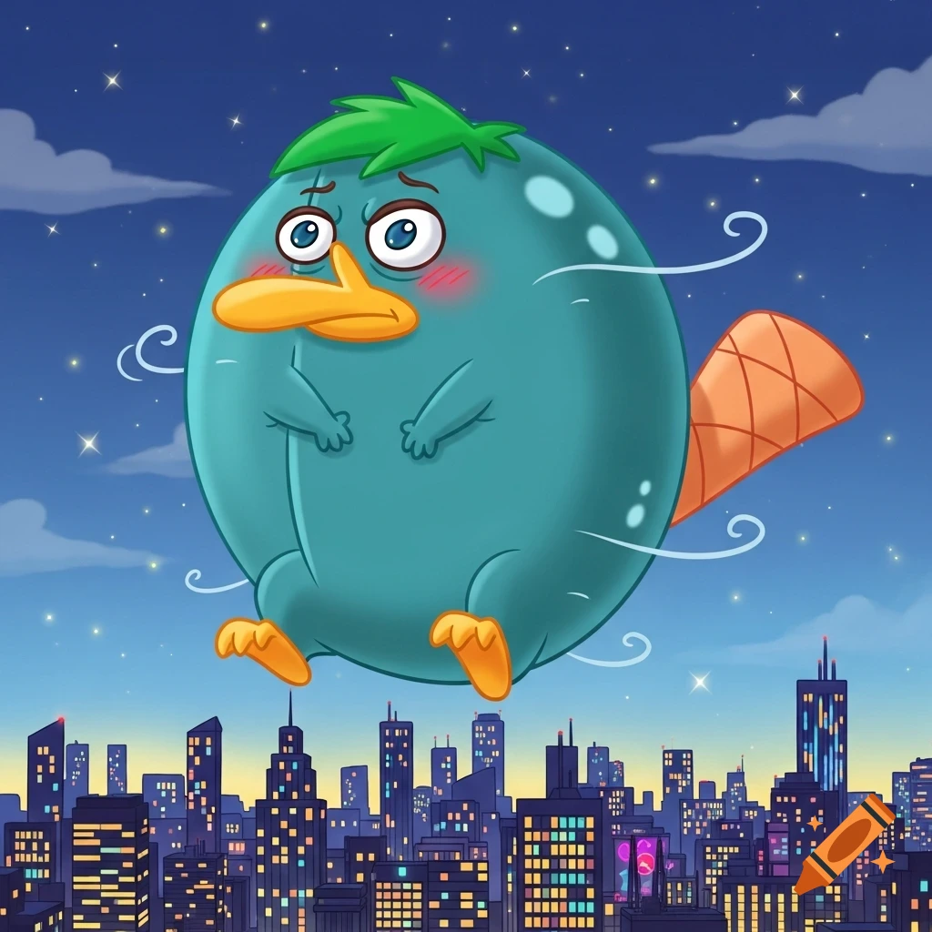 A cartoon Perry the Platypus, spherically inflated and blushing, floats above a stylized city at night with twinkling stars.