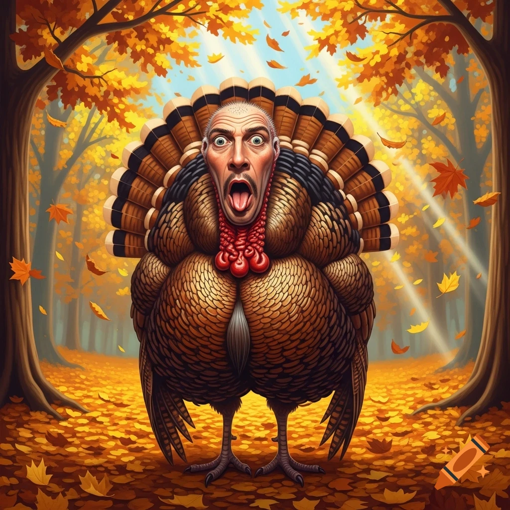 A cartoonish turkey with a man's shocked face and tongue sticking out stands in an autumn forest with falling leaves.