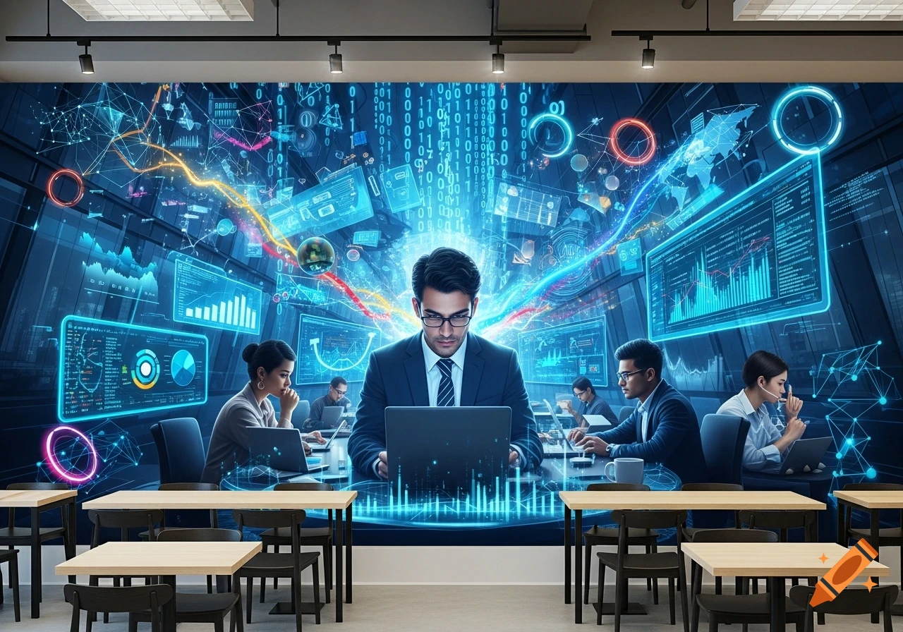 A photorealistic image of data analysts working in an office with a large blue, glowing digital data mural in the background.