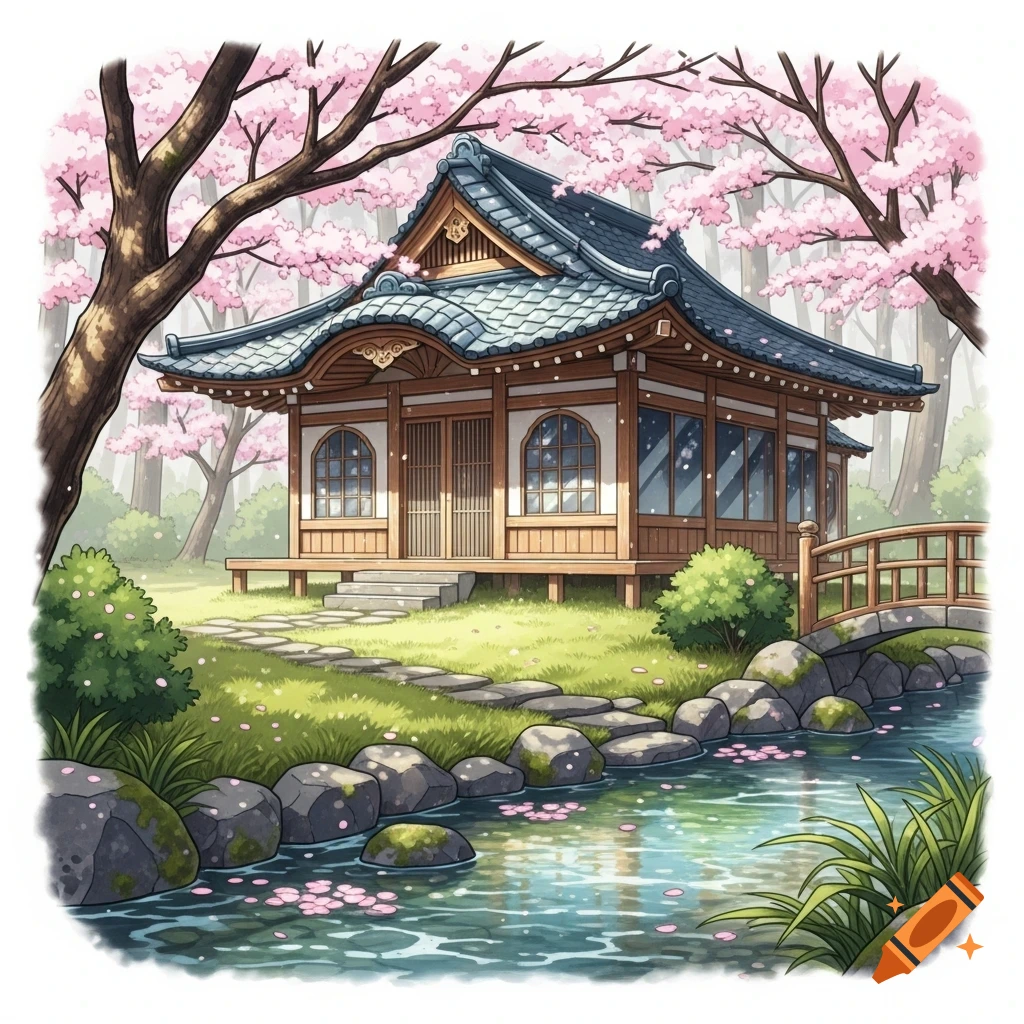 An illustrated Japanese house in a forest clearing with cherry blossom trees, a river, and a small bridge.