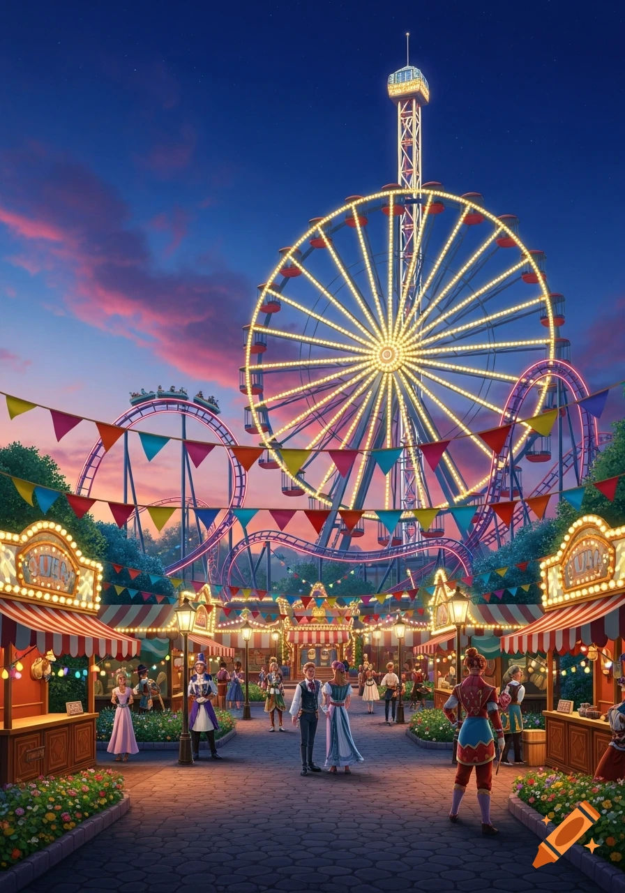 A vibrant, illuminated amusement park at dusk, featuring a large Ferris wheel, roller coasters, and festive stalls. People in historical attire stroll on the path.