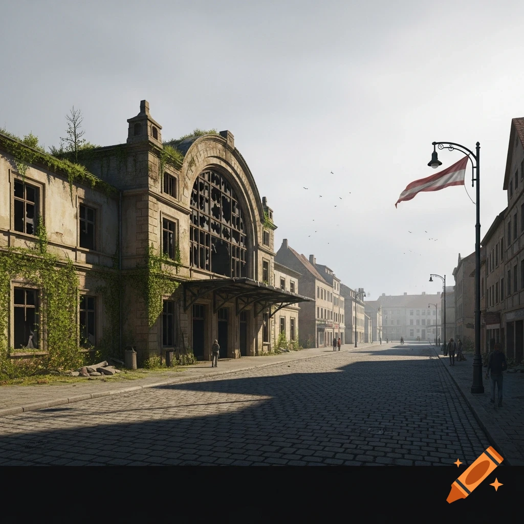 Photorealistic view of a desolate, ruined city street with an overgrown, abandoned train station and a flag flying from a lamppost.