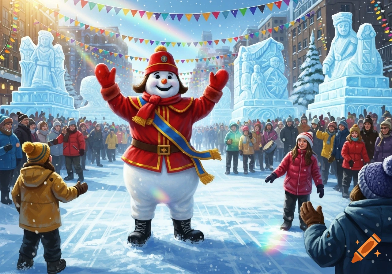 A large, smiling snowman mascot in a red uniform waves to a crowd at a festive outdoor winter carnival with ice sculptures and falling snow under a rainbow.