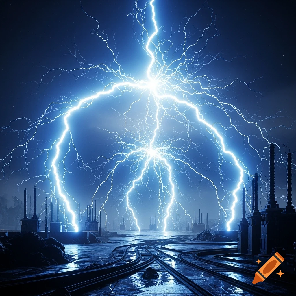 Multiple powerful blue lightning bolts strike an industrial landscape with train tracks on wet ground under a dark, stormy sky.