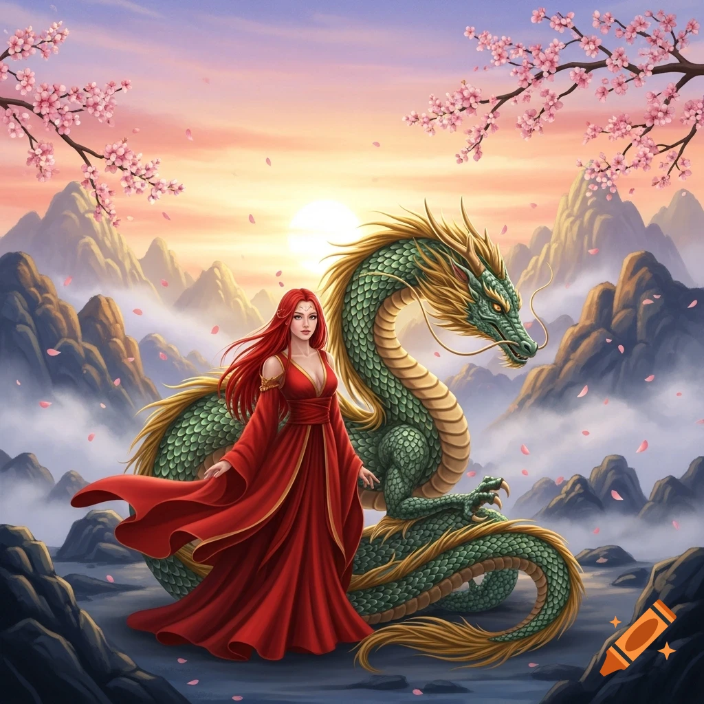 A red-haired woman in a flowing red dress stands beside a green and ...