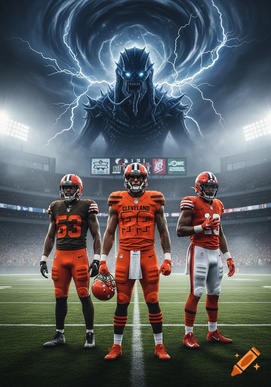 Three football players in orange and brown Cleveland Browns uniforms stand on a stadium field. Behind them, a monstrous, dark creature with glowing blue eyes and tendrils rises into a stormy, lightning-filled sky.