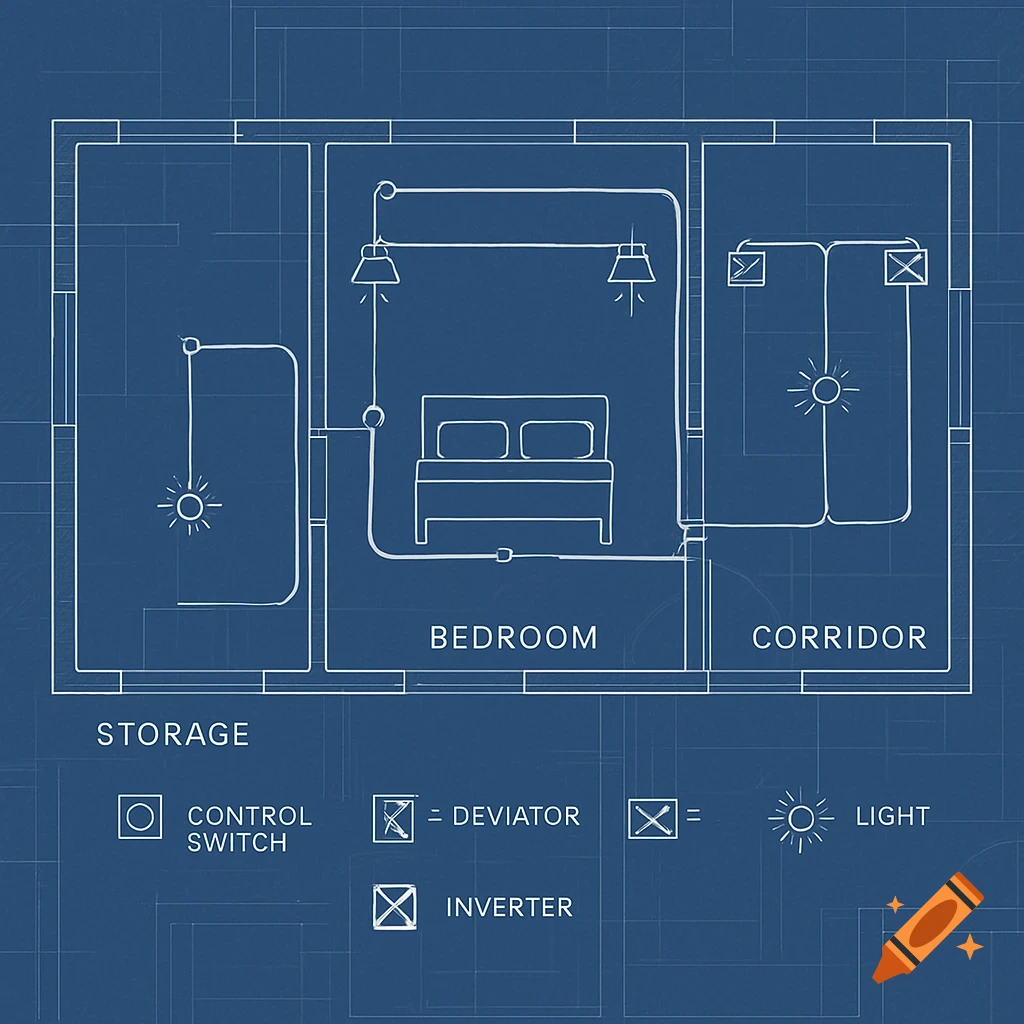 A blueprint diagram on a blue background showing the electrical wiring for a storage room, bedroom, and corridor, with a legend of symbols.